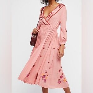 FREE PEOPLE PINK EMBROIDERED DRESS